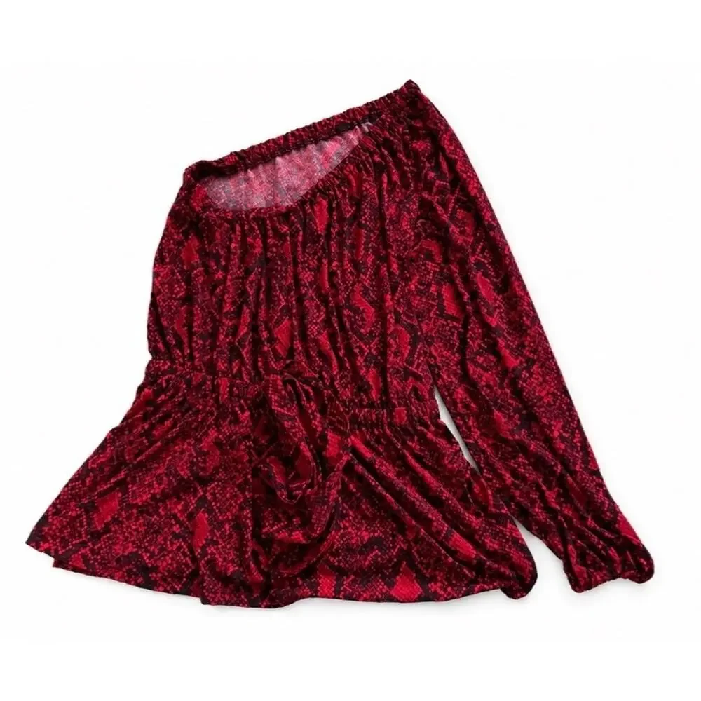Michael Michael Kors Women’s One-Shoulder Snake Print Blouse, Red/Black, Size Me